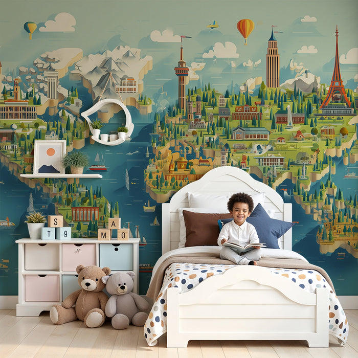 Papier peint chambre enfant | Carte du monde ludique