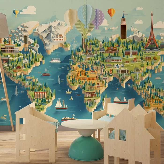 Papier peint chambre enfant | Carte du monde ludique