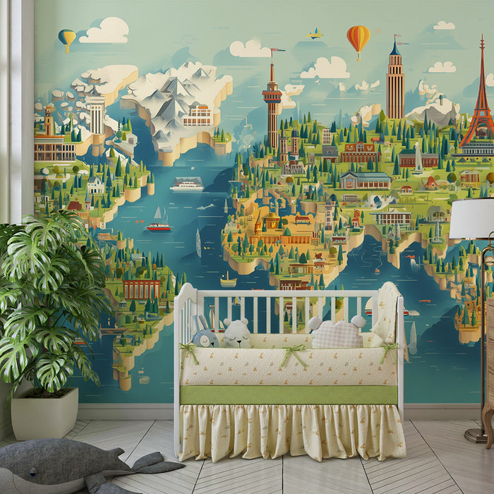 Papier peint chambre enfant | Carte du monde ludique