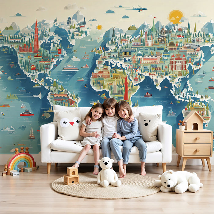 Papel de parede criança | Ilustrado e colorido mapa-múndi