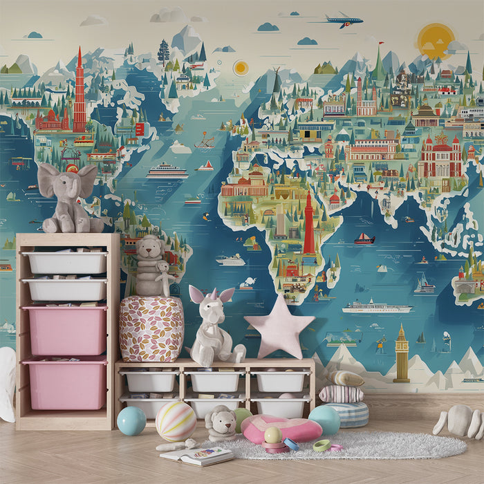 Papel de parede criança | Ilustrado e colorido mapa-múndi