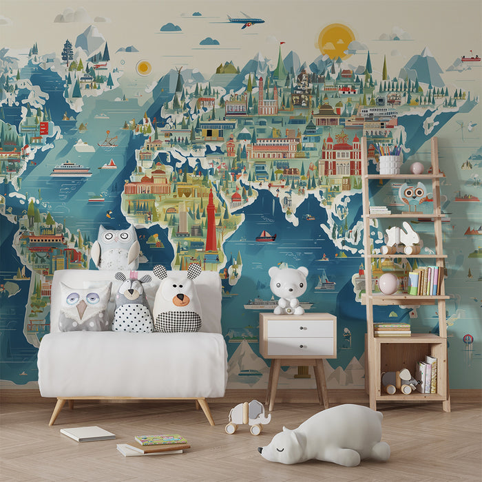 Papel de parede criança | Ilustrado e colorido mapa-múndi