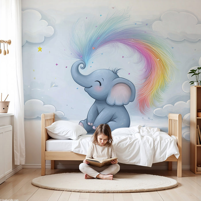 Børneværelse tapet | Magisk elefant og farverige skyer