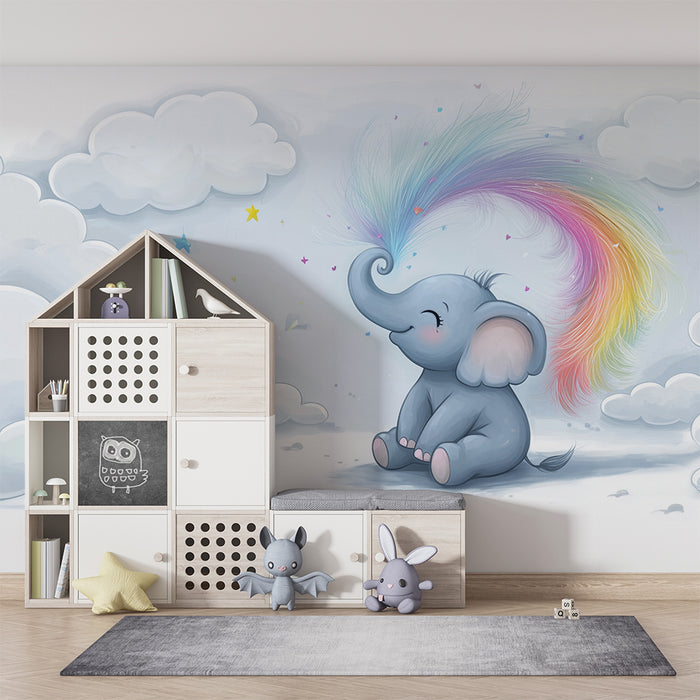 Børneværelse tapet | Magisk elefant og farverige skyer
