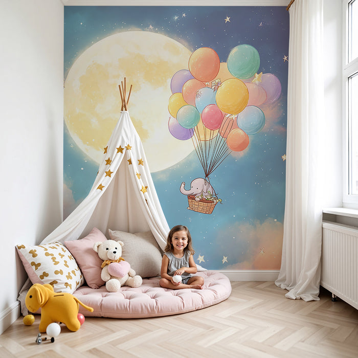 Babyzimmer Tapete | Elefantenabenteuer im Ballon unter dem Mond