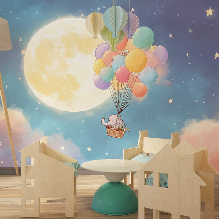 Babyzimmer Tapete | Elefantenabenteuer im Ballon unter dem Mond