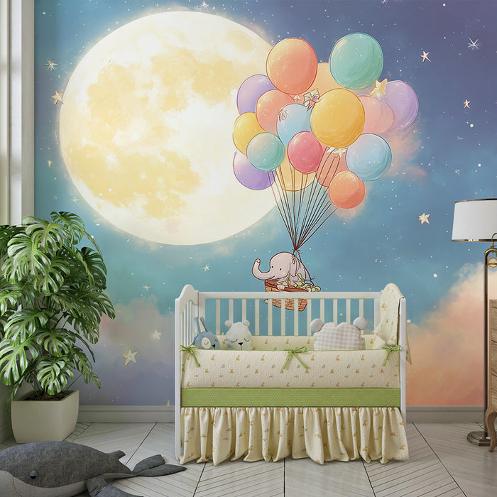Babyzimmer Tapete | Elefantenabenteuer im Ballon unter dem Mond
