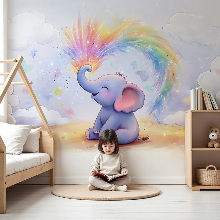 Babykamer behang | Dromerige regenboog olifant