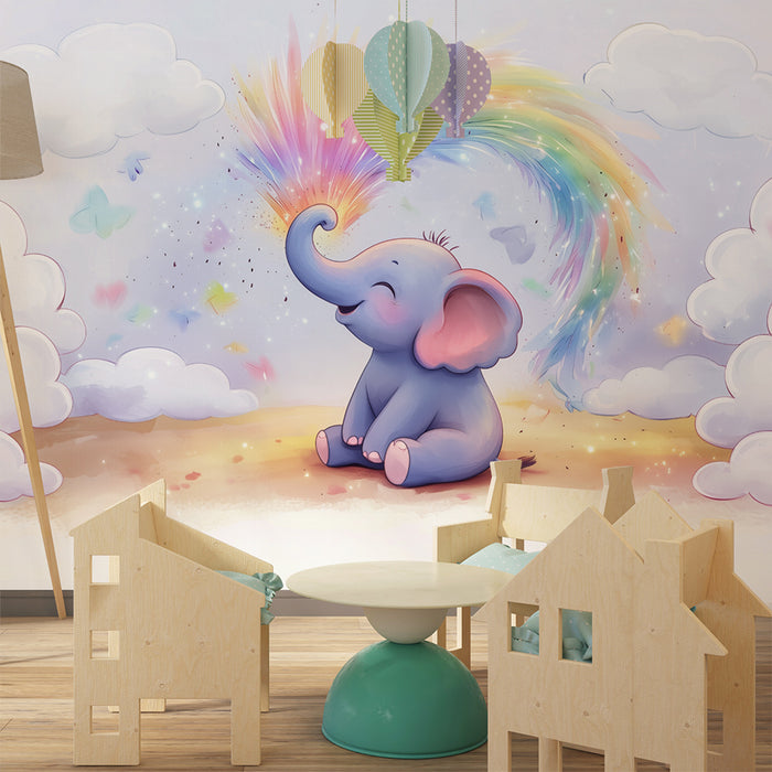 Babykamer behang | Dromerige regenboog olifant