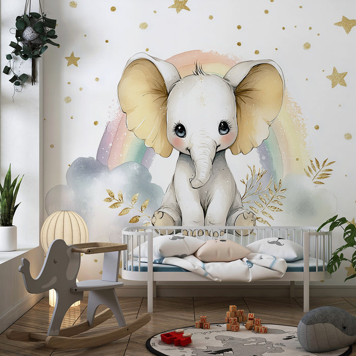 Papier peint chambre bébé | Élégant éléphant et arc-en-ciel pastel