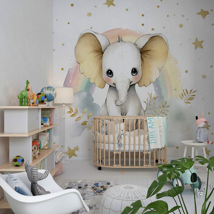 Papier peint chambre bébé | Élégant éléphant et arc-en-ciel pastel