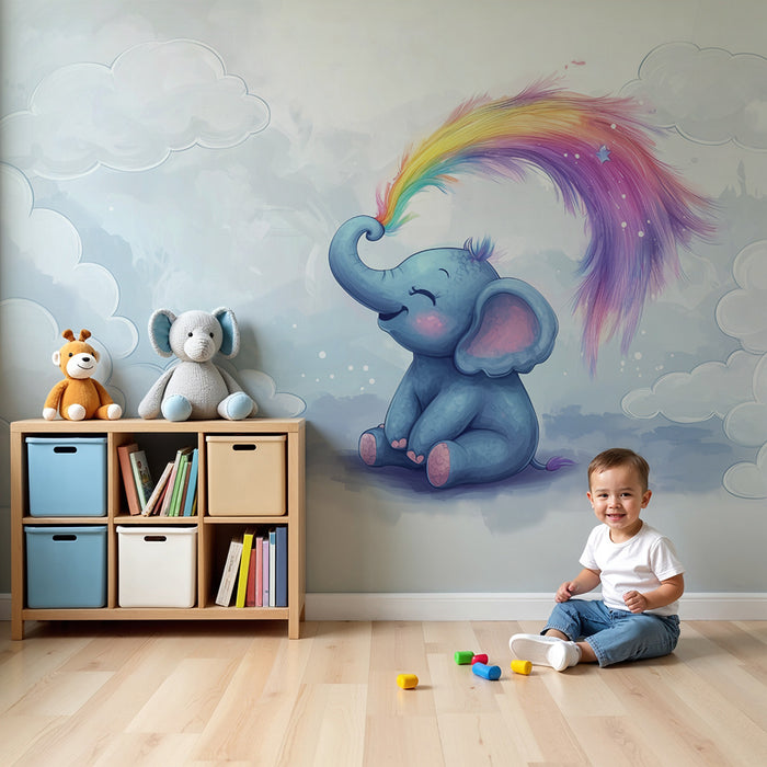 Papier peint chambre bébé | Éléphant magique et arc-en-ciel