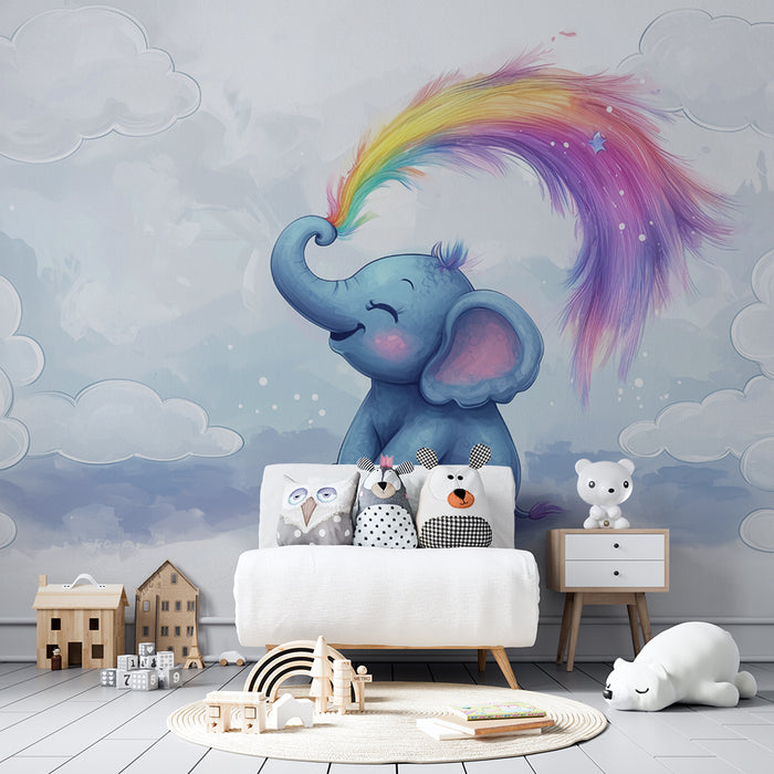 Papier peint chambre bébé | Éléphant magique et arc-en-ciel