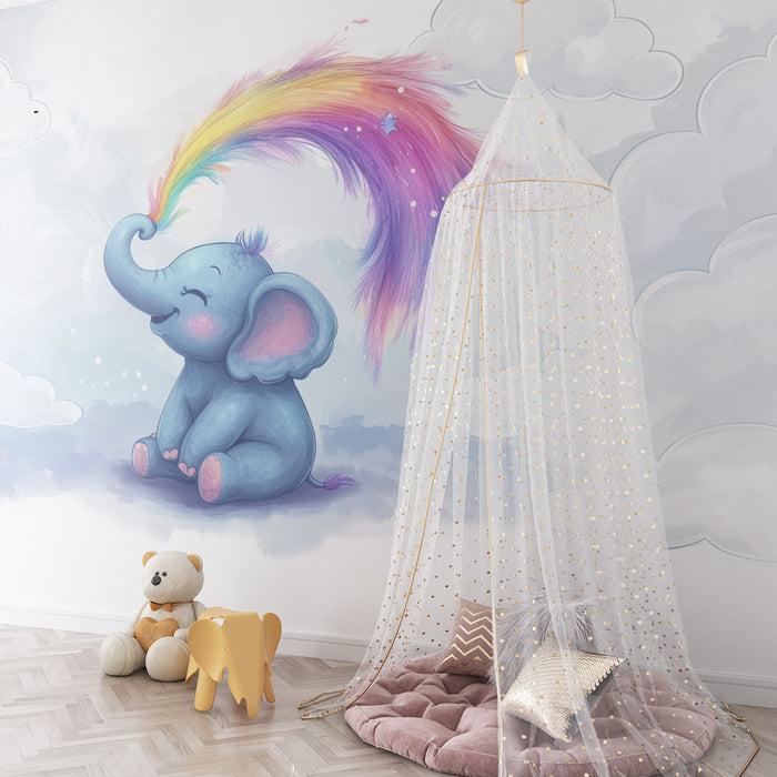 Papier peint chambre bébé | Éléphant magique et arc-en-ciel