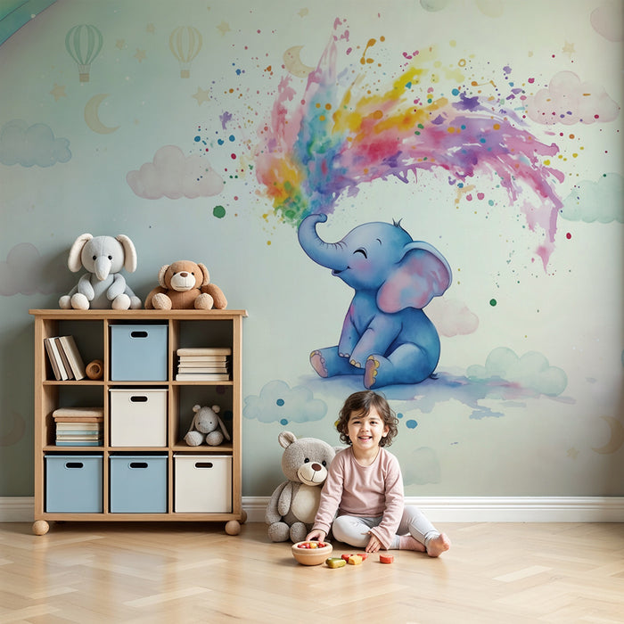 Papier peint chambre bébé | Éléphant magique et arc-en-ciel multicolore