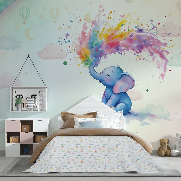 Papier peint chambre bébé | Éléphant magique et arc-en-ciel multicolore