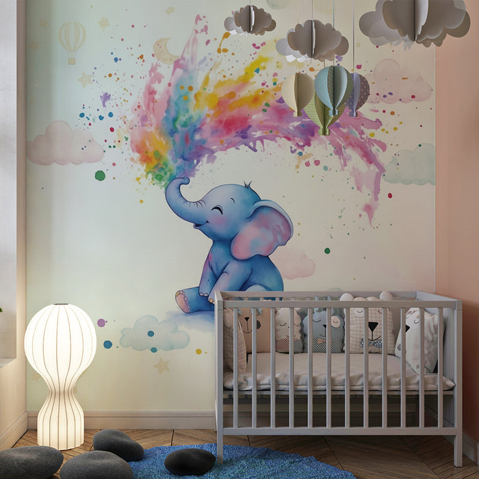 Papier peint chambre bébé | Éléphant magique et arc-en-ciel multicolore