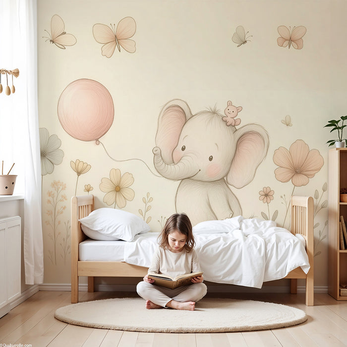 Papier de parede za sobu bebe | Slon zagrljaj i pastelni baloni