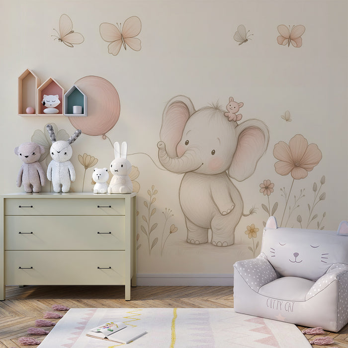 Papier de parede za sobu bebe | Slon zagrljaj i pastelni baloni