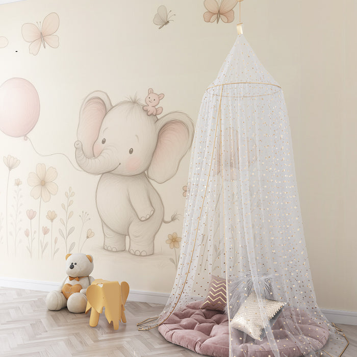 Papier de parede za sobu bebe | Slon zagrljaj i pastelni baloni