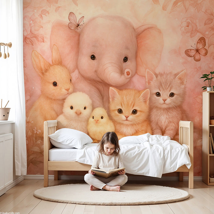 Lastenhuoneen tapetti söpöillä eläimillä | Vaaleanpunainen kukkaistutus