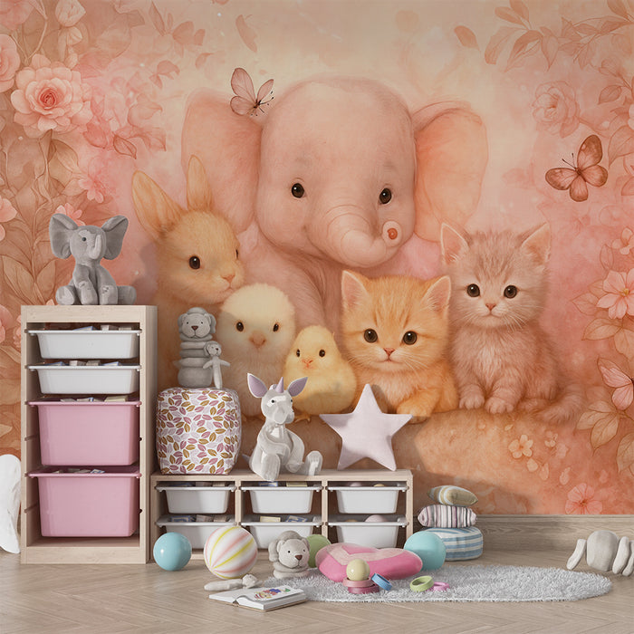 Lastenhuoneen tapetti söpöillä eläimillä | Vaaleanpunainen kukkaistutus