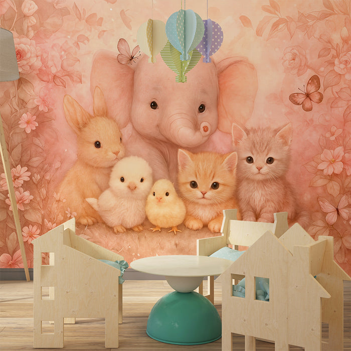 Lastenhuoneen tapetti söpöillä eläimillä | Vaaleanpunainen kukkaistutus