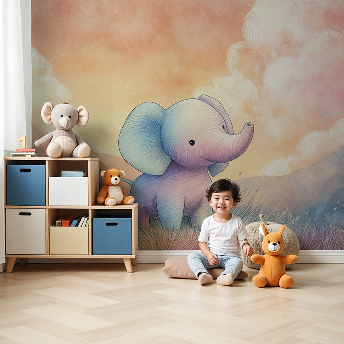 Barntapet elefant | Elegant illustration av pastelllandskap
