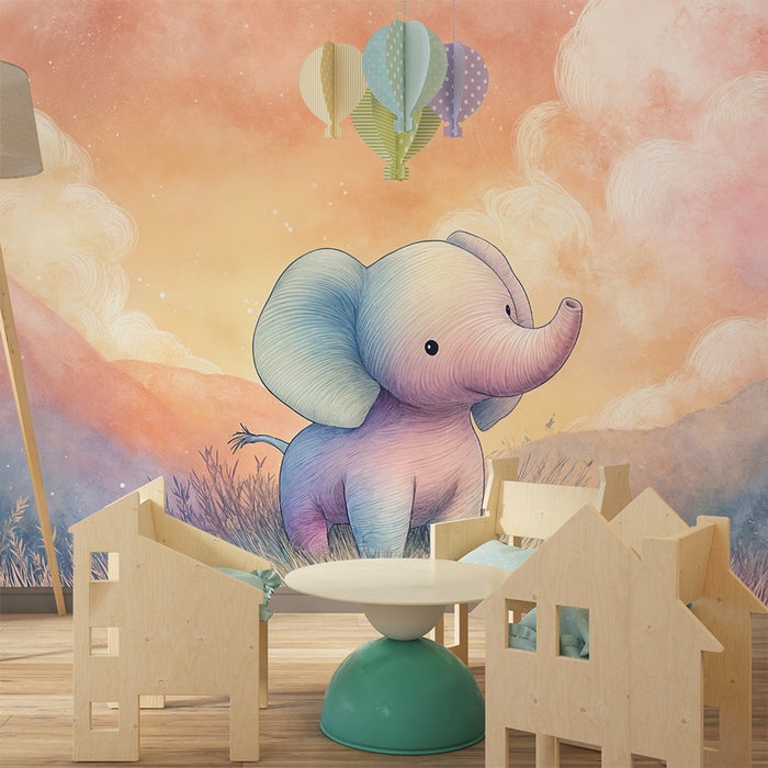 Barntapet elefant | Elegant illustration av pastelllandskap