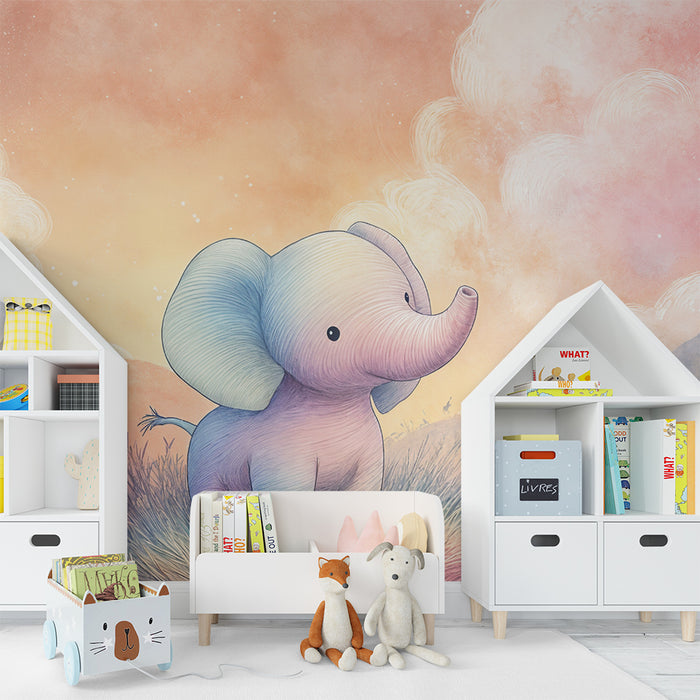 Barntapet elefant | Elegant illustration av pastelllandskap