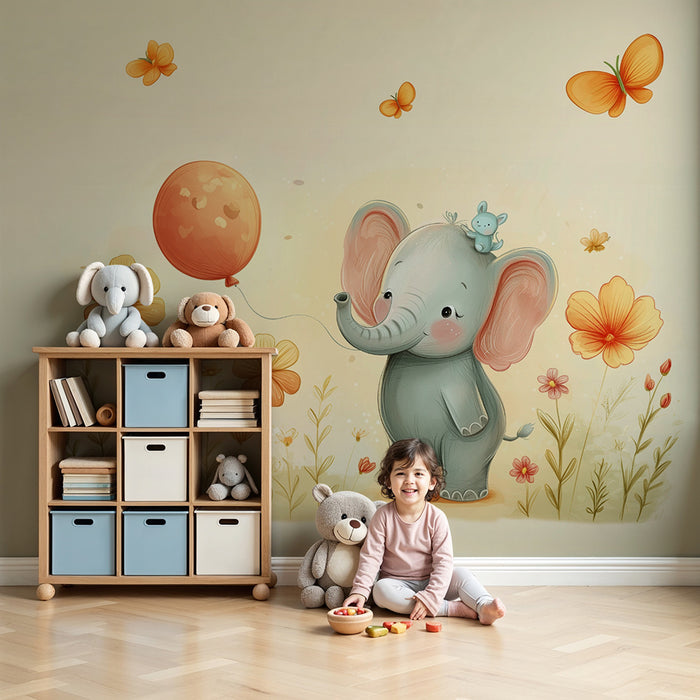 Papier peint chambre bébé | Élégant éléphant et fleurs joyeuses