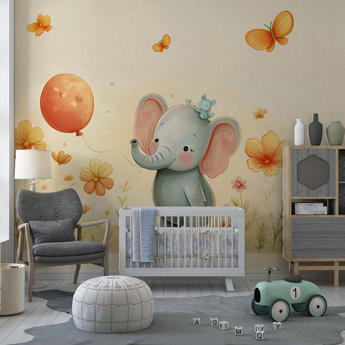 Papier peint chambre bébé | Élégant éléphant et fleurs joyeuses