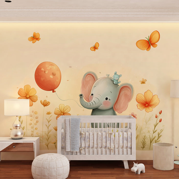 Papier peint chambre bébé | Élégant éléphant et fleurs joyeuses