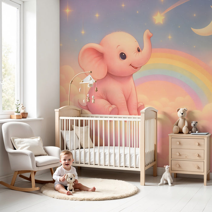 Papier peint éléphant rose | Décor de rêve pour enfants