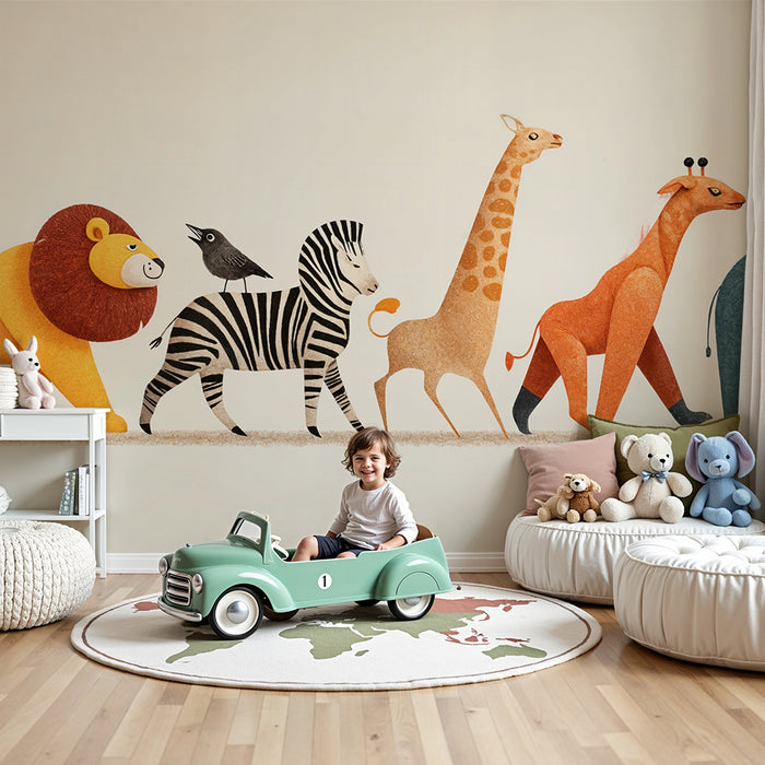Savannieläinten tapetti | leikkisä ja värikäs suunnittelu