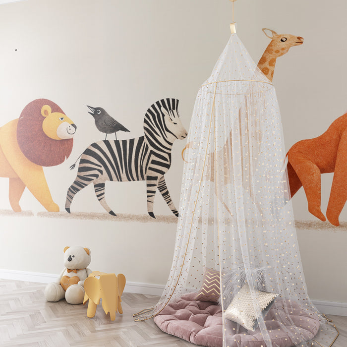 Savannieläinten tapetti | leikkisä ja värikäs suunnittelu