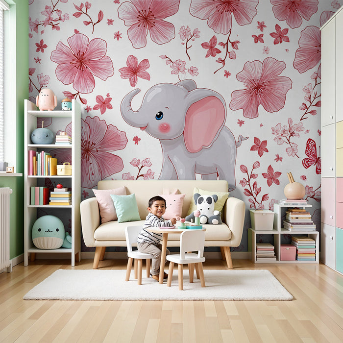 Barntapet elefant och blommor | Barnsligt och blommigt design
