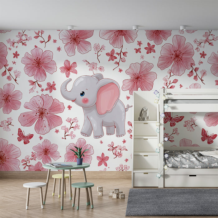Barntapet elefant och blommor | Barnsligt och blommigt design