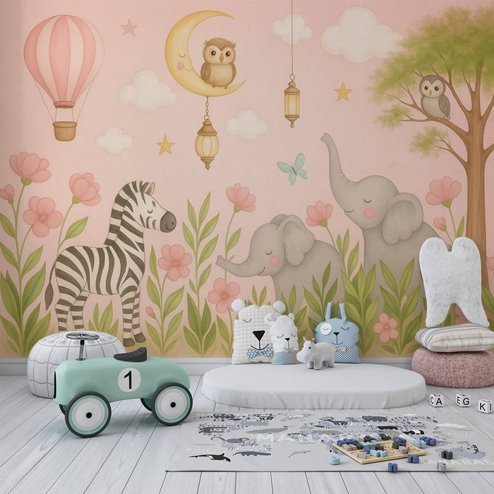 Lastenhuoneen tapetti | Unelias safariseikkailu ja pastellieläimet