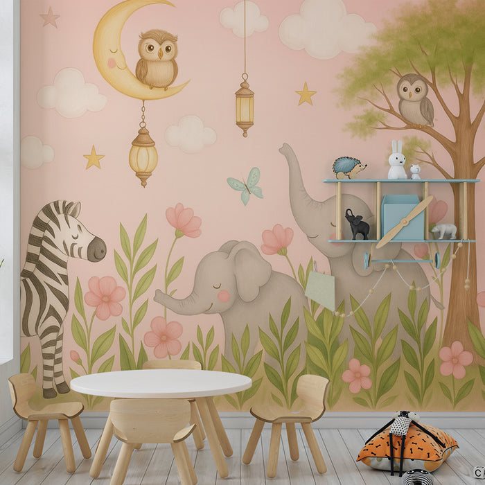 Lastenhuoneen tapetti | Unelias safariseikkailu ja pastellieläimet