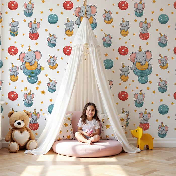 Lastenhuoneen tapetti sirkus norsu | Lapsellinen kuvio tähtineen ja värikkäine ilmapalloineen