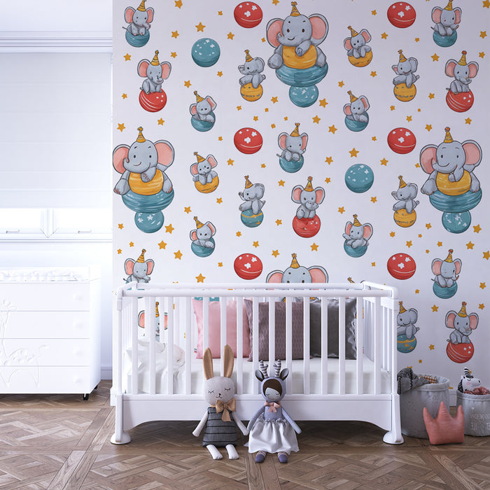 Lastenhuoneen tapetti sirkus norsu | Lapsellinen kuvio tähtineen ja värikkäine ilmapalloineen