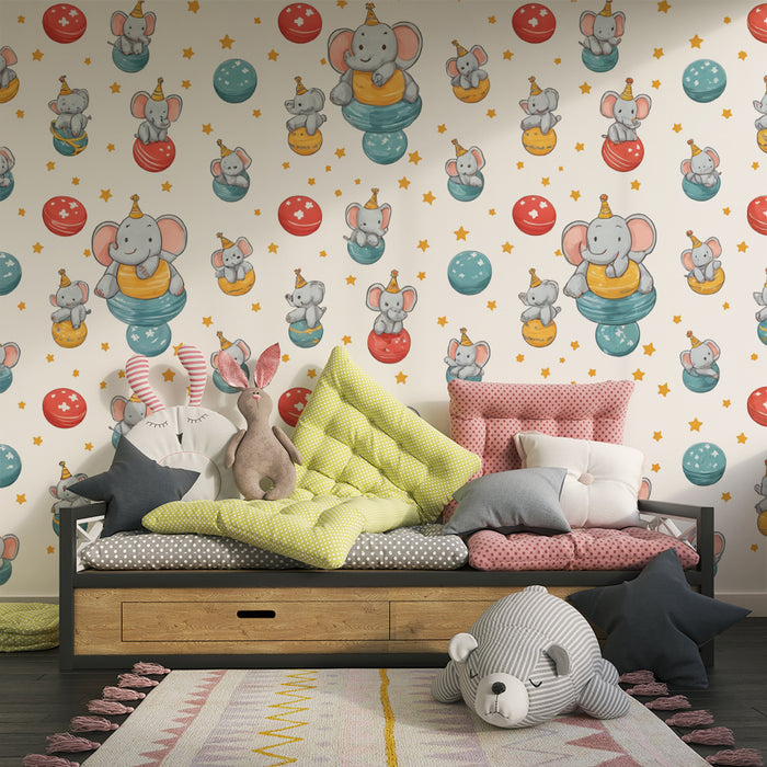 Lastenhuoneen tapetti sirkus norsu | Lapsellinen kuvio tähtineen ja värikkäine ilmapalloineen