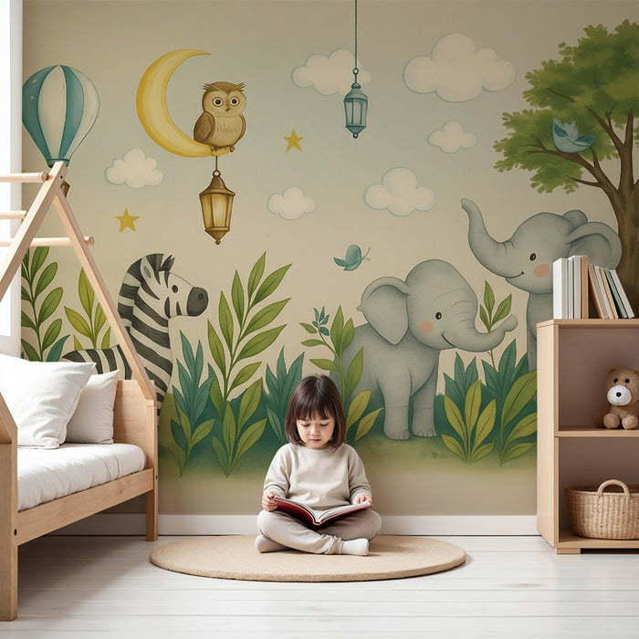 Papier peint chambre bébé | Safari enchanté avec animaux et montgolfière