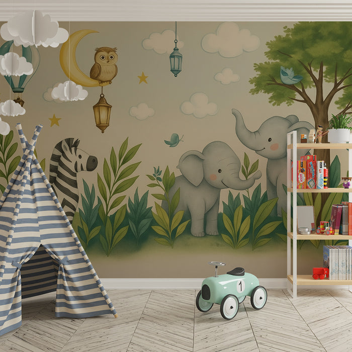Papier peint chambre bébé | Safari enchanté avec animaux et montgolfière