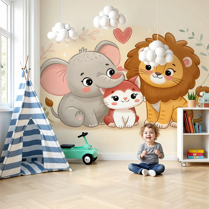 Tapeta s roztomilými zvířaty | Slon, kočka a lev