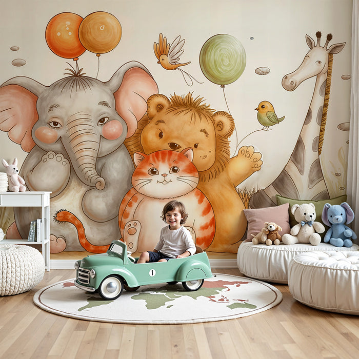 Lastenhuoneen tapetti söpö viidakko | Ihastuttavia eläimiä ilmapallojen kanssa