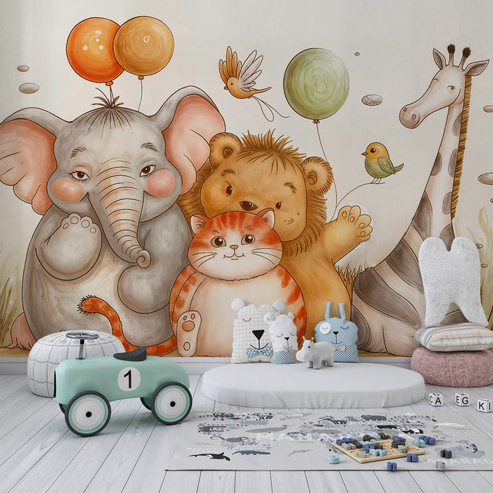Lastenhuoneen tapetti söpö viidakko | Ihastuttavia eläimiä ilmapallojen kanssa