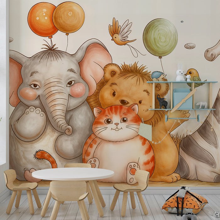 Lastenhuoneen tapetti söpö viidakko | Ihastuttavia eläimiä ilmapallojen kanssa