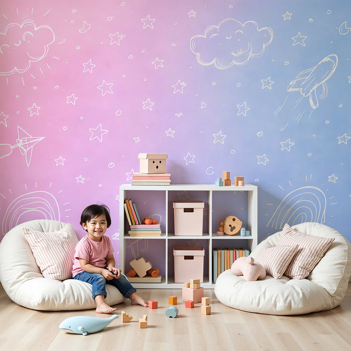 Papier peint chambre enfant | Nuages et fusées pastel